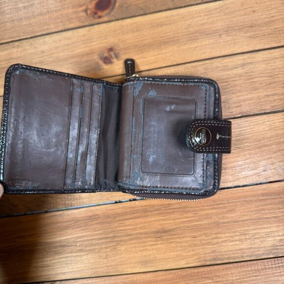 Coach Signature Stripe Khaki Canvas Brown Slim Medium Wallet Zip Coin - Picture 3 of 8